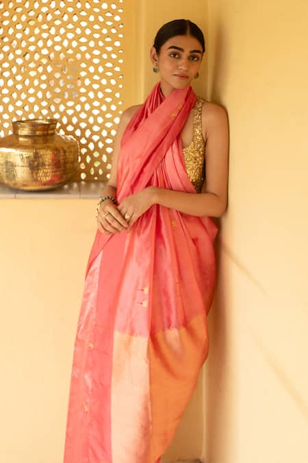 Priyanka Raajiv_Coral Chanderi Silk Zari Tejovati Saree With Running Blouse _Online_at_Aza_Fashions