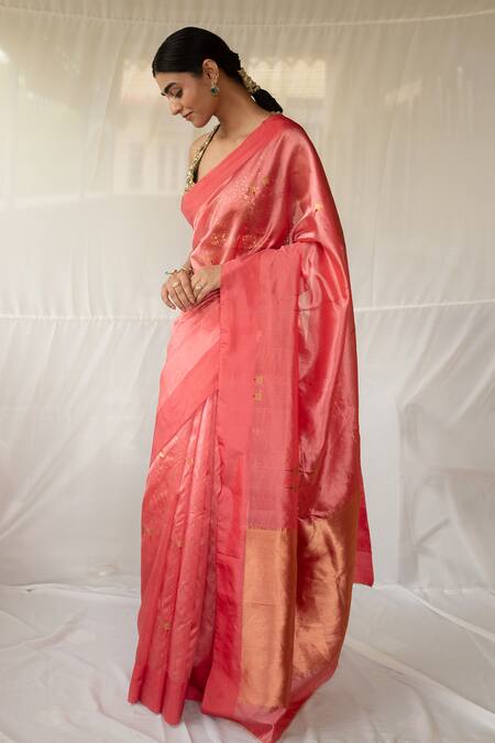 Buy_Priyanka Raajiv_Coral Chanderi Silk Zari Tejovati Saree With Running Blouse _Online_at_Aza_Fashions
