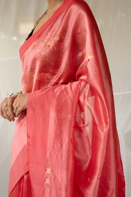 Shop_Priyanka Raajiv_Coral Chanderi Silk Zari Tejovati Saree With Running Blouse _Online_at_Aza_Fashions