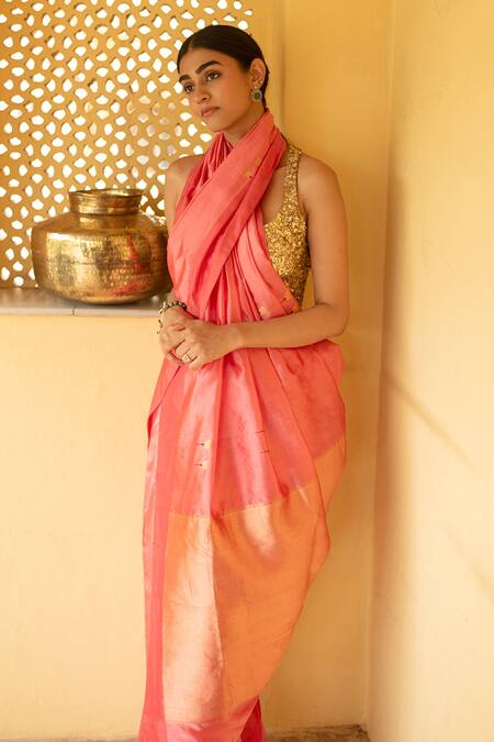 Priyanka Raajiv_Coral Chanderi Silk Zari Tejovati Saree With Running Blouse _at_Aza_Fashions