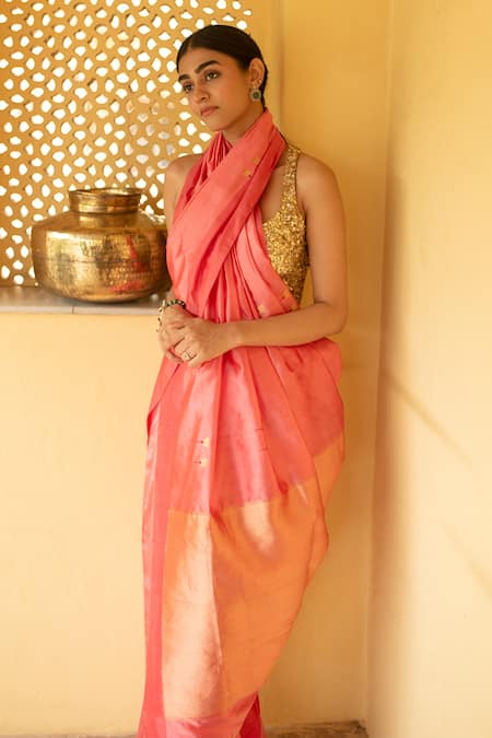 Shop_Priyanka Raajiv_Coral Chanderi Silk Zari Tejovati Saree With Running Blouse 