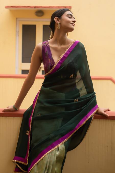 Priyanka Raajiv_Green Organza, Brocade, Kavya Zardozi Work Saree With Running Blouse _Online_at_Aza_Fashions