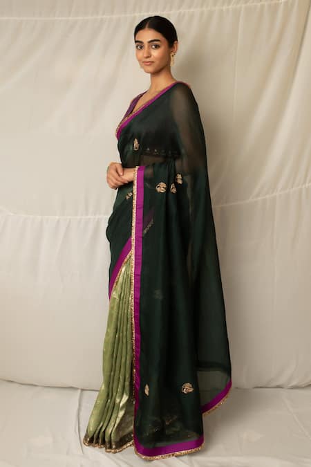 Buy_Priyanka Raajiv_Green Organza, Brocade, Kavya Zardozi Work Saree With Running Blouse _Online_at_Aza_Fashions