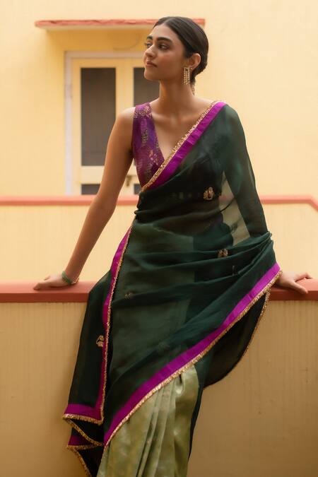 Buy_Priyanka Raajiv_Green Organza, Brocade, Kavya Zardozi Work Saree With Running Blouse 