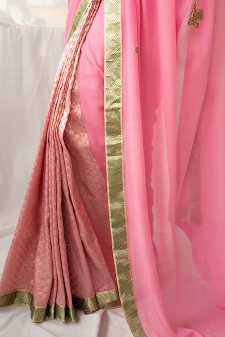 Shop_Priyanka Raajiv_Pink Silk, Brocade, Georgette Vatsala Saree With Running Blouse Piece _Online_at_Aza_Fashions