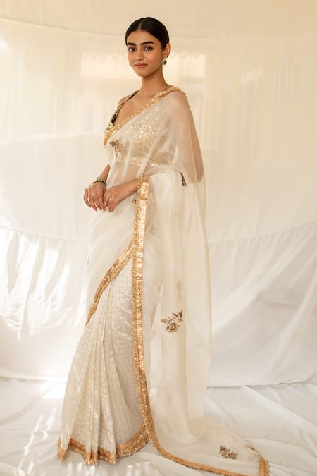Priyanka Raajiv_Ivory Silk Organza, Brocade Zari, Hansika Floral Butti Saree With Running Blouse _Online_at_Aza_Fashions