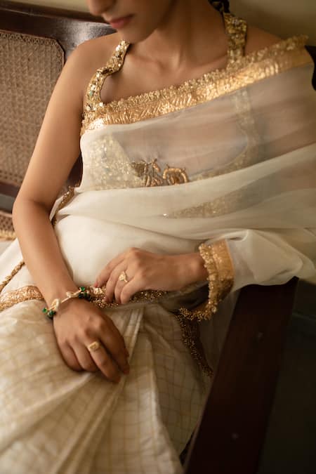 Buy_Priyanka Raajiv_Ivory Silk Organza, Brocade Zari, Hansika Floral Butti Saree With Running Blouse _Online_at_Aza_Fashions