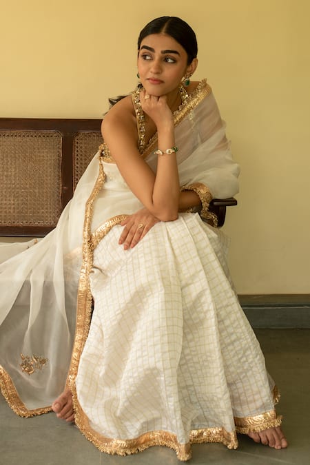 Priyanka Raajiv_Ivory Silk Organza, Brocade Zari, Hansika Floral Butti Saree With Running Blouse _at_Aza_Fashions