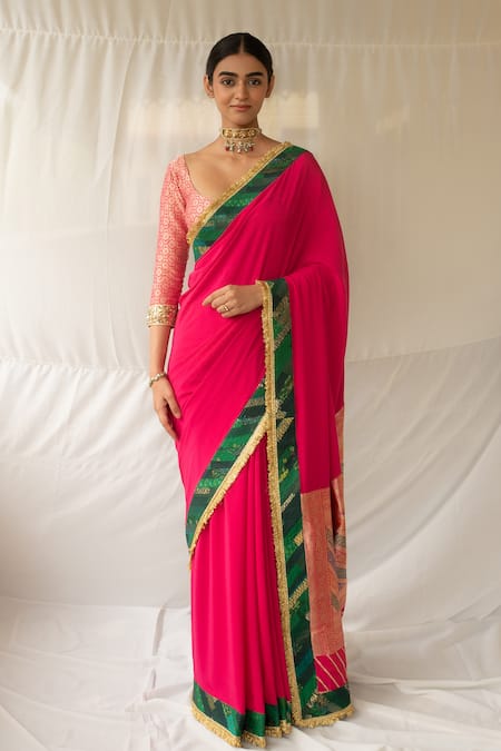 Priyanka Raajiv_Pink Silk, Georgette Zari, Lace, Embroidery Prakhaya Saree With Running Blouse _at_Aza_Fashions