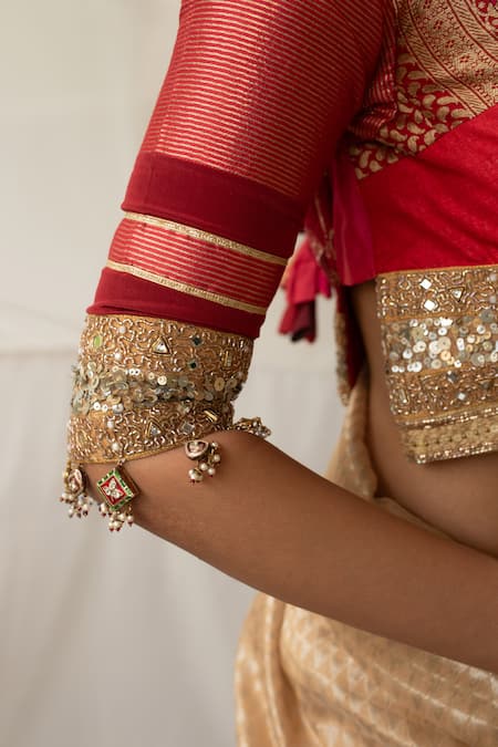 Priyanka Raajiv Red Brocade, Silk, Tissue Patchwork, Zari, Mirrors, Hunar Upcycled Blouse Online at Aza Fashions Priyanka Raajiv_Red Brocade, Silk, Tissue Patchwork, Zari, Mirrors, Hunar Upcycled Blouse _Online_at_Aza_Fashions