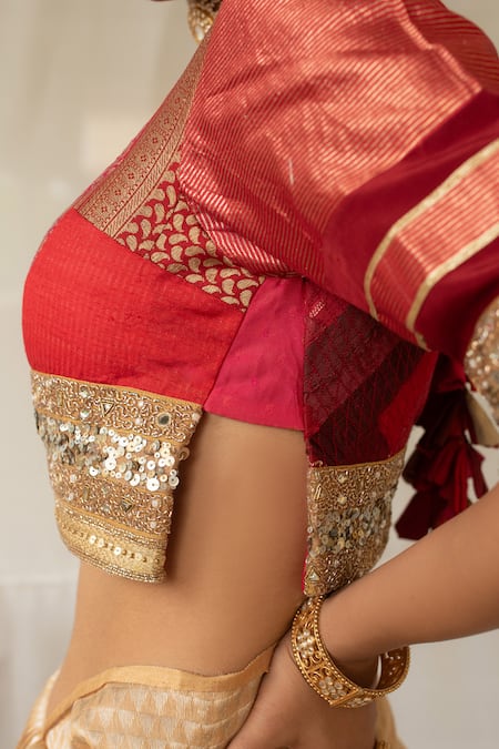 Buy Priyanka Raajiv Red Brocade, Silk, Tissue Patchwork, Zari, Mirrors, Hunar Upcycled Blouse Online at Aza Fashions Buy_Priyanka Raajiv_Red Brocade, Silk, Tissue Patchwork, Zari, Mirrors, Hunar Upcycled Blouse _Online_at_Aza_Fashions