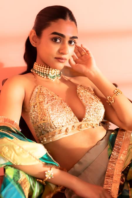 Buy_Priyanka Raajiv_Gold Sequins, Beads Halter Neck Kumud Upcycled Patchwork Blouse _Online_at_Aza_Fashions