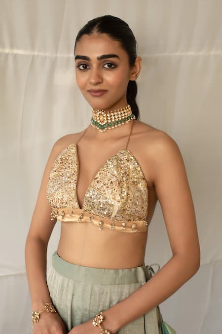 Shop_Priyanka Raajiv_Gold Sequins, Beads Halter Neck Kumud Upcycled Patchwork Blouse _Online_at_Aza_Fashions
