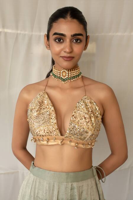 Priyanka Raajiv_Gold Sequins, Beads Halter Neck Kumud Upcycled Patchwork Blouse _at_Aza_Fashions