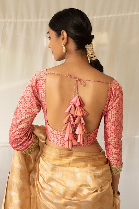 Shop Priyanka Raajiv Pink Silk, Brocade Sequins, Tassels, Embroidery Sweetheart Neck Reva Blouse at Aza Fashions Shop_Priyanka Raajiv_Pink Silk, Brocade Sequins, Tassels, Embroidery Sweetheart Neck Reva Blouse _at_Aza_Fashions
