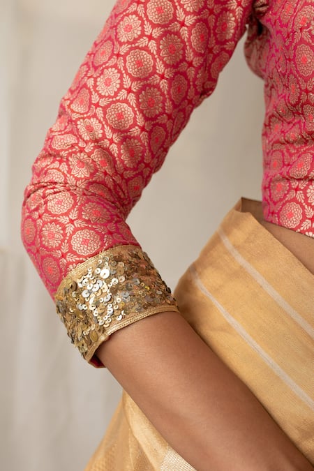 Priyanka Raajiv Pink Silk, Brocade Sequins, Tassels, Embroidery Sweetheart Neck Reva Blouse Online at Aza Fashions Priyanka Raajiv_Pink Silk, Brocade Sequins, Tassels, Embroidery Sweetheart Neck Reva Blouse _Online_at_Aza_Fashions