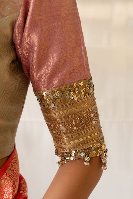 Priyanka Raajiv_Pink Brocade, Silk Zari, Embroidery, Sequins, Saaz Upcycled Patchwork Blouse _Online_at_Aza_Fashions