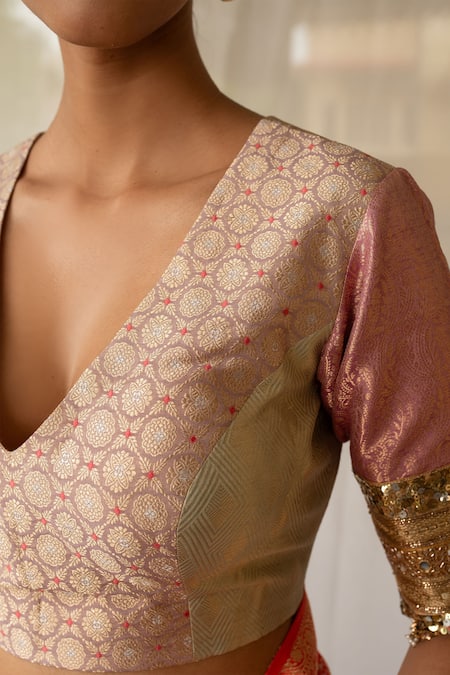 Buy_Priyanka Raajiv_Pink Brocade, Silk Zari, Embroidery, Sequins, Saaz Upcycled Patchwork Blouse _Online_at_Aza_Fashions
