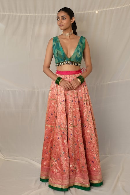 Priyanka Raajiv Green Silk, Brocade, Satin, Cotton, Chiffon, Sugata Upcycled Patchwork Blouse 