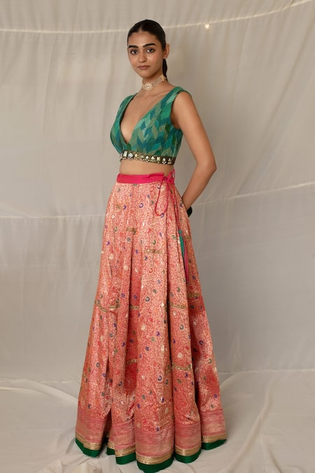 Priyanka Raajiv Green Silk, Brocade, Satin, Cotton, Chiffon, Sugata Upcycled Patchwork Blouse Online at Aza Fashions Priyanka Raajiv_Green Silk, Brocade, Satin, Cotton, Chiffon, Sugata Upcycled Patchwork Blouse _Online_at_Aza_Fashions