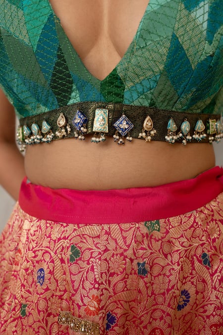 Priyanka Raajiv Green Silk, Brocade, Satin, Cotton, Chiffon, Sugata Upcycled Patchwork Blouse at Aza Fashions Priyanka Raajiv_Green Silk, Brocade, Satin, Cotton, Chiffon, Sugata Upcycled Patchwork Blouse _at_Aza_Fashions