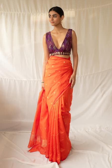 Priyanka Raajiv Purple Silk, Brocade, Satin, Tissue Tassels, Sugata Upcycled Sleeveless Blouse 