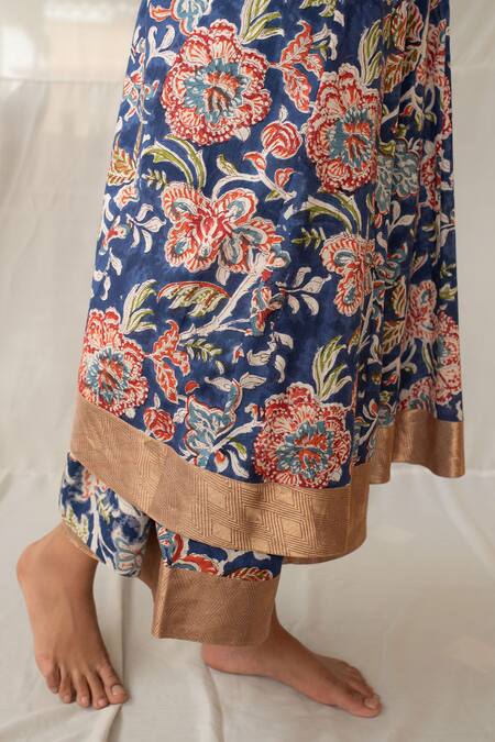 Buy Priyanka Raajiv Blue Cotton, Brocade Scoop Neck Aavni Floral Hand Block Print Kurta With Pant Online at Aza Fashions Buy_Priyanka Raajiv_Blue Cotton, Brocade Scoop Neck Aavni Floral Hand Block Print Kurta With Pant _Online_at_Aza_Fashions