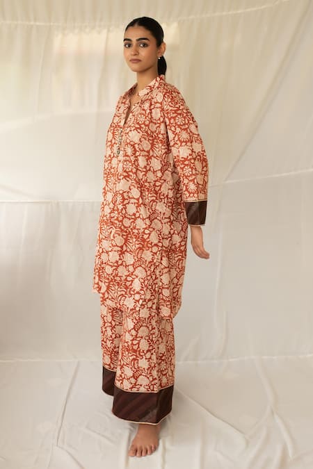 Priyanka Raajiv Rust Cotton, Silk, Brocade, Tissue Mrida Hand Block Print Kurta With Pant Online at Aza Fashions Priyanka Raajiv_Rust Cotton, Silk, Brocade, Tissue Mrida Hand Block Print Kurta With Pant _Online_at_Aza_Fashions