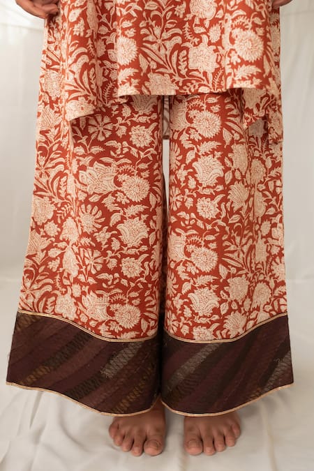 Shop Priyanka Raajiv Rust Cotton, Silk, Brocade, Tissue Mrida Hand Block Print Kurta With Pant Online at Aza Fashions Shop_Priyanka Raajiv_Rust Cotton, Silk, Brocade, Tissue Mrida Hand Block Print Kurta With Pant _Online_at_Aza_Fashions