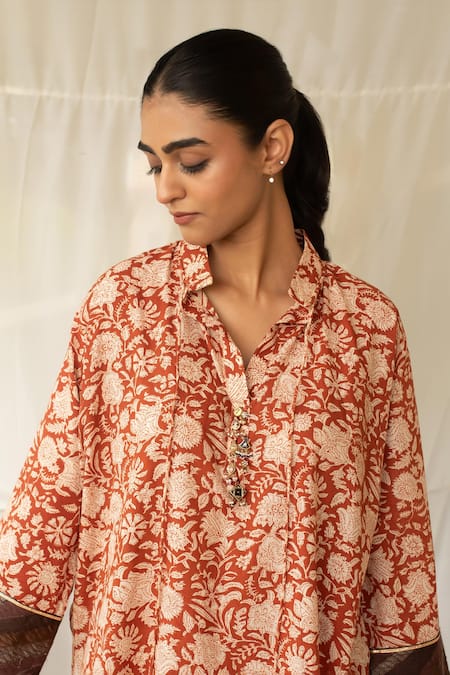 Priyanka Raajiv Rust Cotton, Silk, Brocade, Tissue Mrida Hand Block Print Kurta With Pant at Aza Fashions Priyanka Raajiv_Rust Cotton, Silk, Brocade, Tissue Mrida Hand Block Print Kurta With Pant _at_Aza_Fashions