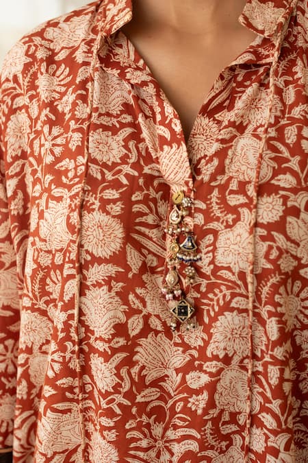 Buy Priyanka Raajiv Rust Cotton, Silk, Brocade, Tissue Mrida Hand Block Print Kurta With Pant Buy_Priyanka Raajiv_Rust Cotton, Silk, Brocade, Tissue Mrida Hand Block Print Kurta With Pant