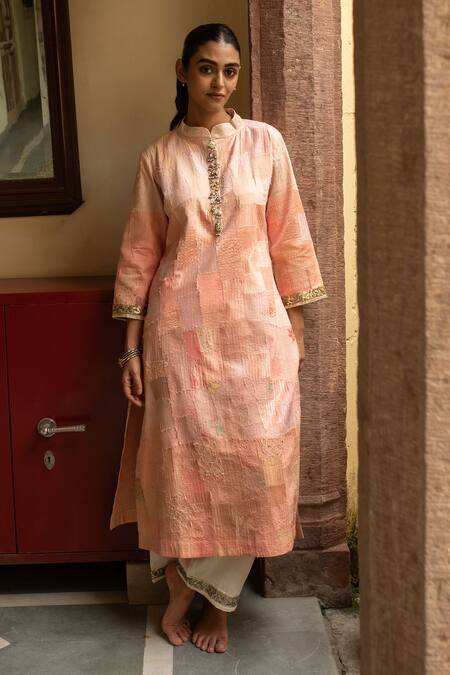 Priyanka Raajiv Peach Silk, Brocade, Tissue, Satin, Cotton Chayana Upcycled Kurta With Pant Online at Aza Fashions Priyanka Raajiv_Peach Silk, Brocade, Tissue, Satin, Cotton Chayana Upcycled Kurta With Pant _Online_at_Aza_Fashions