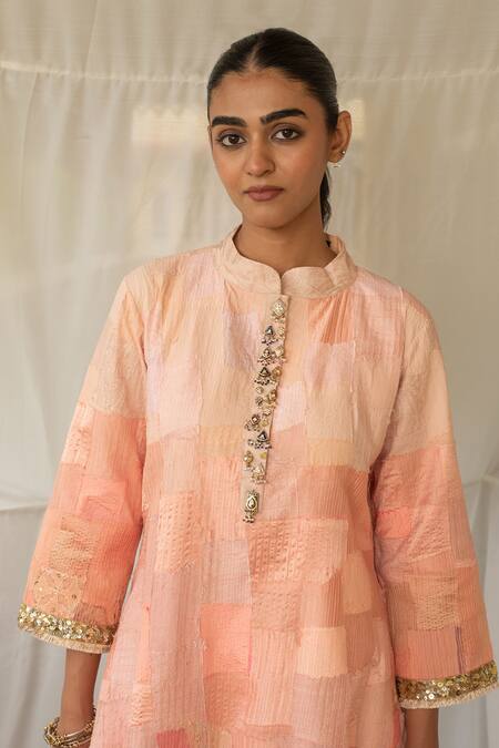 Buy Priyanka Raajiv Peach Silk, Brocade, Tissue, Satin, Cotton Chayana Upcycled Kurta With Pant Online at Aza Fashions Buy_Priyanka Raajiv_Peach Silk, Brocade, Tissue, Satin, Cotton Chayana Upcycled Kurta With Pant _Online_at_Aza_Fashions