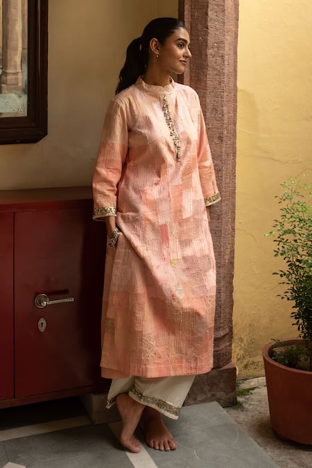 Shop Priyanka Raajiv Peach Silk, Brocade, Tissue, Satin, Cotton Chayana Upcycled Kurta With Pant Online at Aza Fashions Shop_Priyanka Raajiv_Peach Silk, Brocade, Tissue, Satin, Cotton Chayana Upcycled Kurta With Pant _Online_at_Aza_Fashions