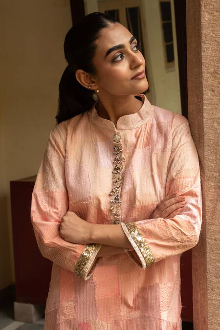 Priyanka Raajiv Peach Silk, Brocade, Tissue, Satin, Cotton Chayana Upcycled Kurta With Pant at Aza Fashions Priyanka Raajiv_Peach Silk, Brocade, Tissue, Satin, Cotton Chayana Upcycled Kurta With Pant _at_Aza_Fashions