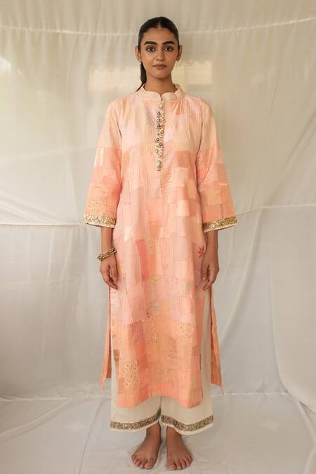 Buy Priyanka Raajiv Peach Silk, Brocade, Tissue, Satin, Cotton Chayana Upcycled Kurta With Pant Buy_Priyanka Raajiv_Peach Silk, Brocade, Tissue, Satin, Cotton Chayana Upcycled Kurta With Pant