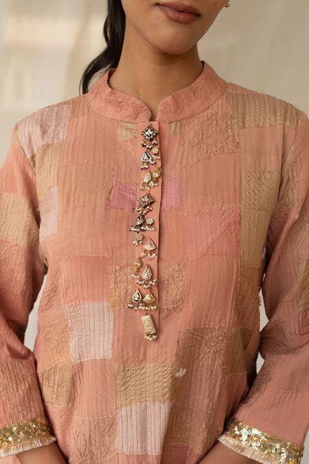 Buy Priyanka Raajiv Pink Silk, Brocade, Tissue Patchwork, Embroidery, Sansruti Upcycled Kurta Set Online at Aza Fashions Buy_Priyanka Raajiv_Pink Silk, Brocade, Tissue Patchwork, Embroidery, Sansruti Upcycled Kurta Set _Online_at_Aza_Fashions