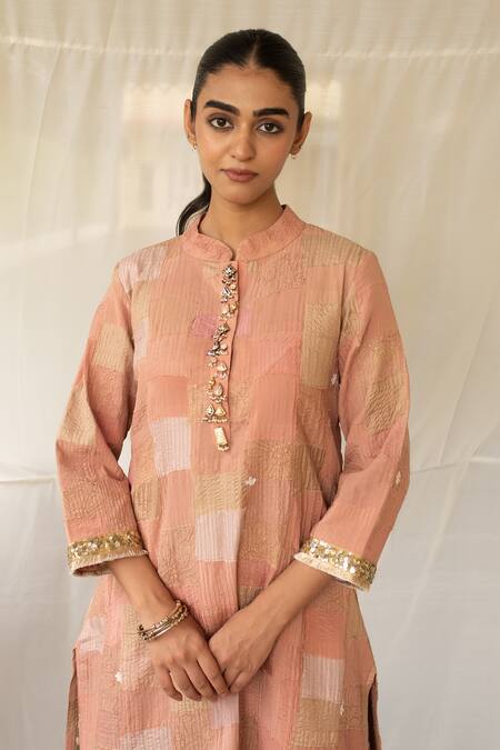 Shop Priyanka Raajiv Pink Silk, Brocade, Tissue Patchwork, Embroidery, Sansruti Upcycled Kurta Set Online at Aza Fashions Shop_Priyanka Raajiv_Pink Silk, Brocade, Tissue Patchwork, Embroidery, Sansruti Upcycled Kurta Set _Online_at_Aza_Fashions