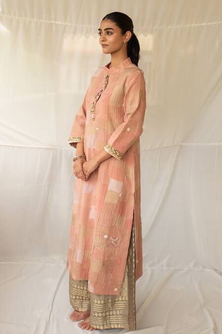 Priyanka Raajiv Pink Silk, Brocade, Tissue Patchwork, Embroidery, Sansruti Upcycled Kurta Set at Aza Fashions Priyanka Raajiv_Pink Silk, Brocade, Tissue Patchwork, Embroidery, Sansruti Upcycled Kurta Set _at_Aza_Fashions
