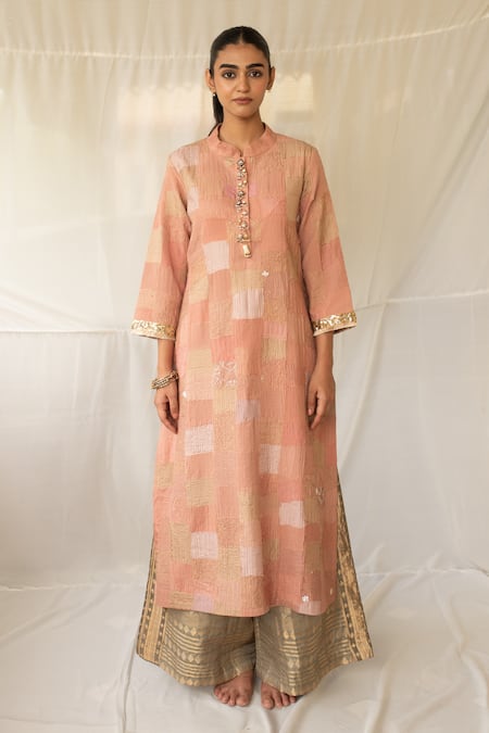 Buy Priyanka Raajiv Pink Silk, Brocade, Tissue Patchwork, Embroidery, Sansruti Upcycled Kurta Set Buy_Priyanka Raajiv_Pink Silk, Brocade, Tissue Patchwork, Embroidery, Sansruti Upcycled Kurta Set
