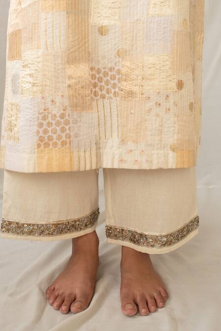 Priyanka Raajiv Ivory Silk, Brocade, Satin, Tissue, Cotton Sattva Upcycled Kurta With Pant Online at Aza Fashions Priyanka Raajiv_Ivory Silk, Brocade, Satin, Tissue, Cotton Sattva Upcycled Kurta With Pant _Online_at_Aza_Fashions