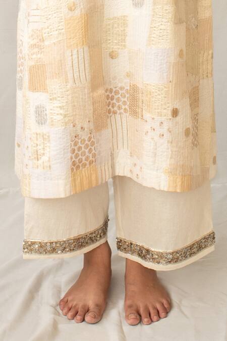 Shop Priyanka Raajiv Ivory Silk, Brocade, Satin, Tissue, Cotton Sattva Upcycled Kurta With Pant Online at Aza Fashions Shop_Priyanka Raajiv_Ivory Silk, Brocade, Satin, Tissue, Cotton Sattva Upcycled Kurta With Pant _Online_at_Aza_Fashions