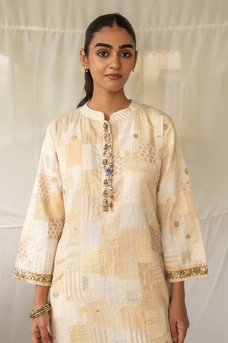 Priyanka Raajiv Ivory Silk, Brocade, Satin, Tissue, Cotton Sattva Upcycled Kurta With Pant at Aza Fashions Priyanka Raajiv_Ivory Silk, Brocade, Satin, Tissue, Cotton Sattva Upcycled Kurta With Pant _at_Aza_Fashions
