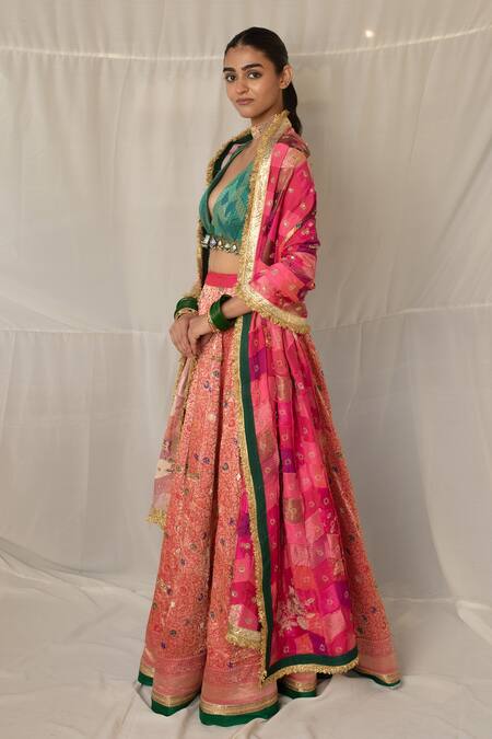 Buy_Priyanka Raajiv_Pink Silk, Brocade, Satin, Cotton Embroidery, Gota Antrang Upcycled Dupatta 