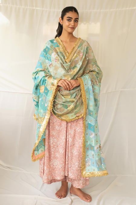 Priyanka Raajiv Aqua Silk, Brocade, Satin, Cotton, Chanderi, Tissue Leelaa Upcycled Dupatta 