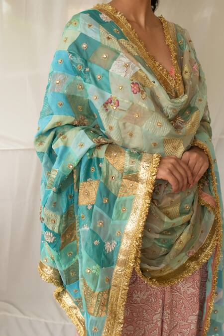 Priyanka Raajiv_Aqua Silk, Brocade, Satin, Cotton, Chanderi, Tissue Leelaa Upcycled Dupatta _Online_at_Aza_Fashions