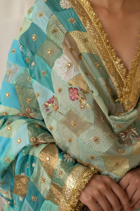 Buy_Priyanka Raajiv_Aqua Silk, Brocade, Satin, Cotton, Chanderi, Tissue Leelaa Upcycled Dupatta _Online_at_Aza_Fashions