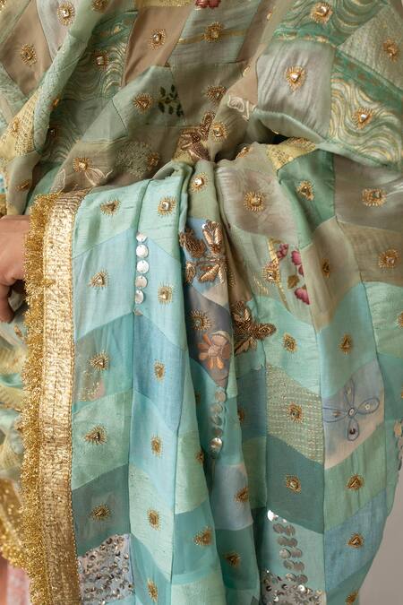 Priyanka Raajiv_Aqua Silk, Brocade, Satin, Cotton, Chanderi, Tissue Leelaa Upcycled Dupatta _at_Aza_Fashions