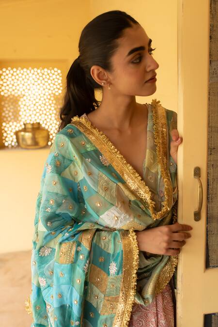 Buy_Priyanka Raajiv_Aqua Silk, Brocade, Satin, Cotton, Chanderi, Tissue Leelaa Upcycled Dupatta 