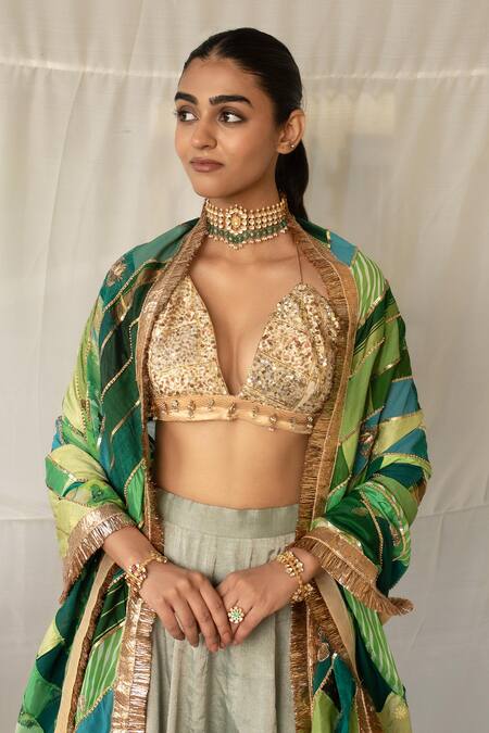 Priyanka Raajiv_Green Silk, Brocade, Satin, Cotton, Tissue Patchwork, Nabhya Upcycled Dupatta _Online_at_Aza_Fashions